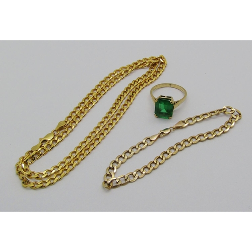 1347 - 9ct curb link bracelet, 2.1g, together with an Italian silver gilt curb link necklace and a 9ct emer... 