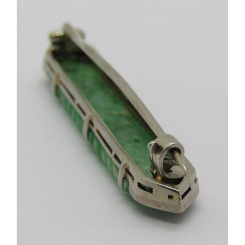 1359 - Art Deco white metal jade and diamond brooch with carved and pierced detail, 4.7cm w approx, 5.4g