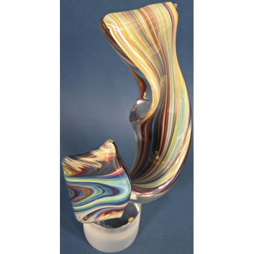 1155 - A handmade Murano Glass Sculpture “Ribbon” in Chalcedony, set on a frosted cylindrical glass base, i... 