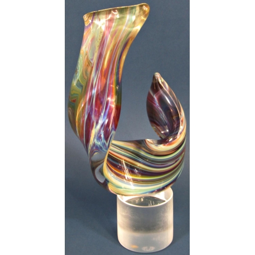 1155 - A handmade Murano Glass Sculpture “Ribbon” in Chalcedony, set on a frosted cylindrical glass base, i... 