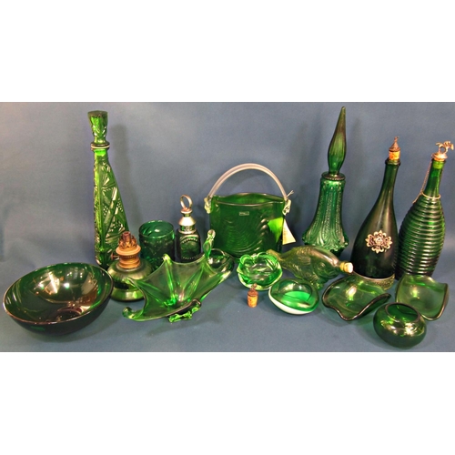 1163 - A collection of eighteen pieces of green glass including, ashtrays, bowls, ice bucket, bottles, vase... 