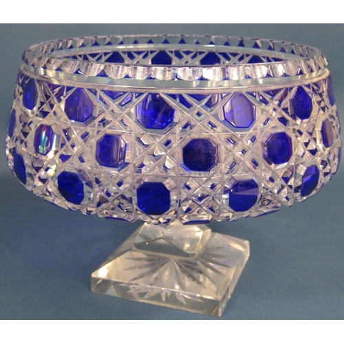 1165 - A cobalt blue cut glass fruit bowl raised on a clear cut glass square foot, 20cm diameter, and a cob... 