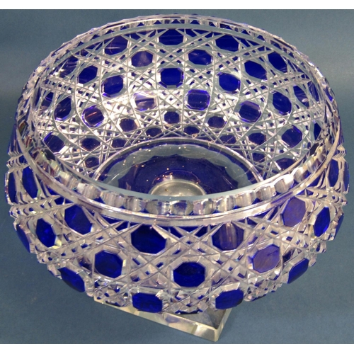 1165 - A cobalt blue cut glass fruit bowl raised on a clear cut glass square foot, 20cm diameter, and a cob... 