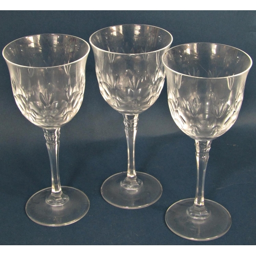 1171 - Six amber glass hock wine glasses with etched vine leaf decoration, five cut glass wine glass, and a... 