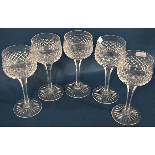 1171 - Six amber glass hock wine glasses with etched vine leaf decoration, five cut glass wine glass, and a... 