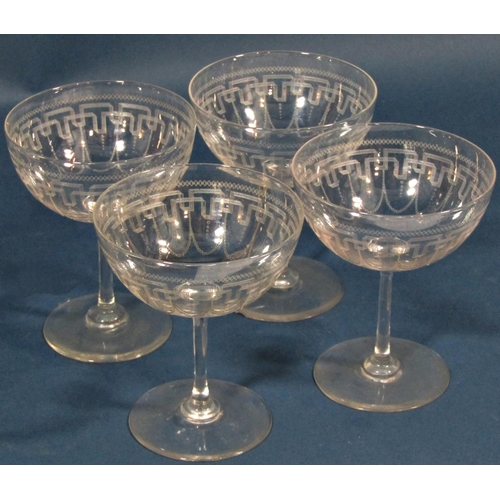 1178 - A good selection of drinking glasses, including six Champagne bowls, six green hock wine glasses, pi... 