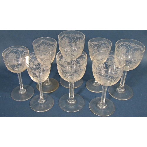 1185 - Twelve 19th century near matching wine glasses on ribbed stems , four large beer glasses, a bowl a s... 