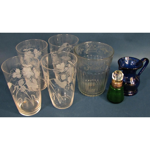 1185 - Twelve 19th century near matching wine glasses on ribbed stems , four large beer glasses, a bowl a s... 