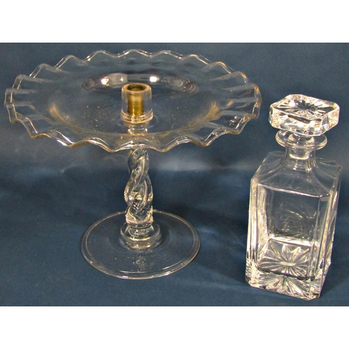 1186 - A glass tazza with a wavy edge and a square decanter. (As Found)