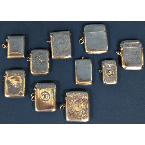 1270 - Ten silver vesta cases, a number with engraved detail, 6oz approx