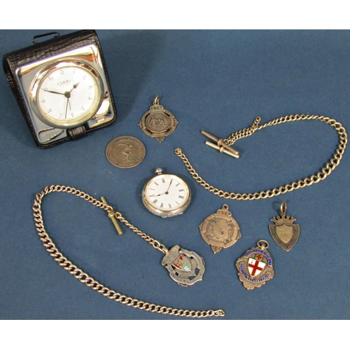 1271 - Two silver watch chains, six silver fobs (4oz) together with a silver cased fob watch and a Carrs si... 