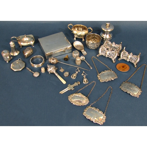 1272 - Georgian and later small silver artefacts, caddy spoon, menu holders, condiments (10oz weighable sil... 