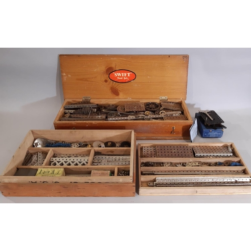 322 - 2 wooden boxes filled with pre-war nickel plated meccano; one box contains 2 layers including angle ... 