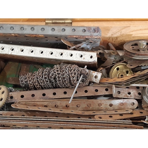 322 - 2 wooden boxes filled with pre-war nickel plated meccano; one box contains 2 layers including angle ... 