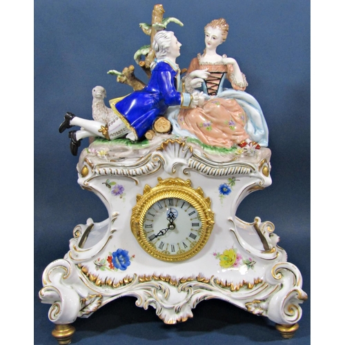 1443 - A contemporary porcelain mantle clock in the romantic style, surmounted by male and female character... 