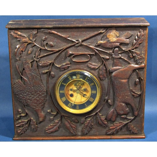 1444 - A Victorian clock movement with eight day striking mechanism and visible escapement, set in a carved... 