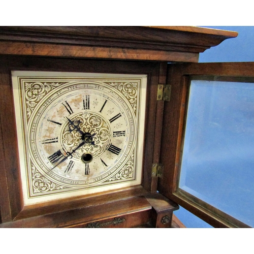 1445 - Late 19th century walnut mantle clock, the case of architectural form with turned spindle mouldings ... 