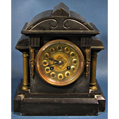 1446 - A small Victorian black slate and brass mantle clock, the case of architectural form, enclosing an e... 