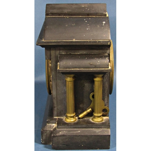 1446 - A small Victorian black slate and brass mantle clock, the case of architectural form, enclosing an e... 