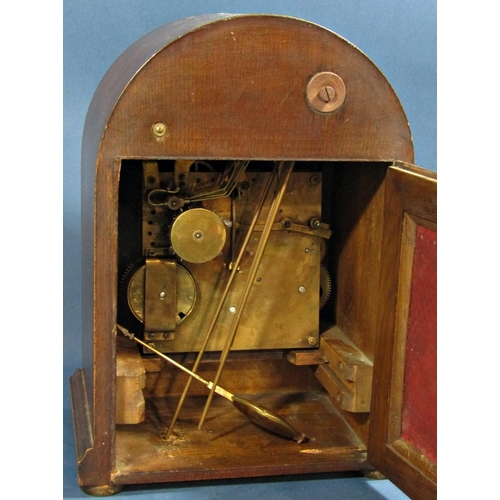 1447 - An Edwardian mahogany bracket clock, the arched silvered dial with chime/silent selector, regulator,... 