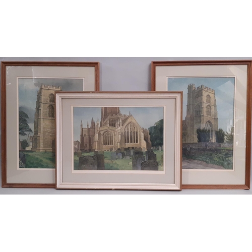 177 - Eight framed works: William Suddaby (20th/21st century) - Three paintings of churches, pencil, water... 