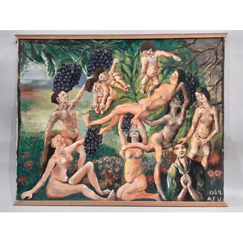 185 - Eleven works to include: Four oil paintings of surrealist landscapes, depicting nude figures and exo... 