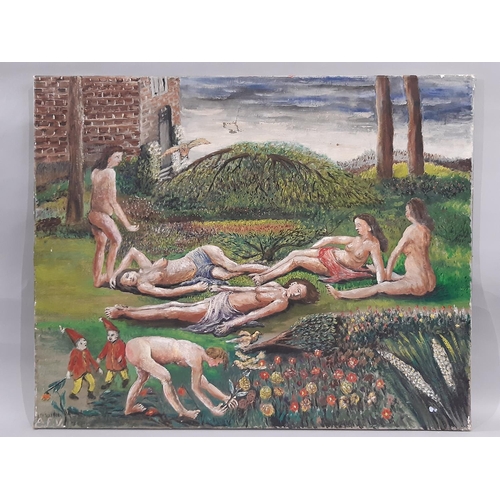 185 - Eleven works to include: Four oil paintings of surrealist landscapes, depicting nude figures and exo... 