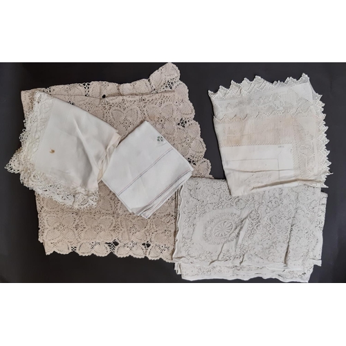 1539 - Small boxful of vintage table linen including good quality white cloths with embroidery, lace croche... 