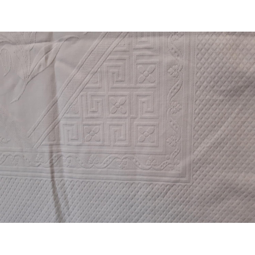 1542 - 3 white cotton bedspreads including a marcella type 250x220cm, a damask type 255x240cm and a cotton ... 