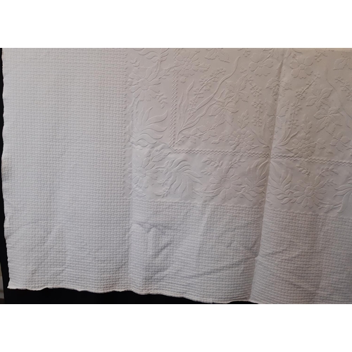 1542 - 3 white cotton bedspreads including a marcella type 250x220cm, a damask type 255x240cm and a cotton ... 