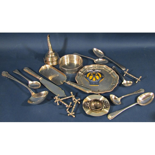 1204 - A mixed collection of silver plated items including a wine funnel, salver, coaster, serving spoons l... 