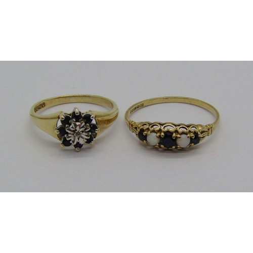 1364 - Two 9ct sapphire rings; one set with opals and the other with a diamond, 3g total (2)