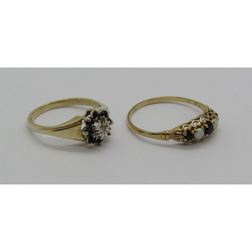 1364 - Two 9ct sapphire rings; one set with opals and the other with a diamond, 3g total (2)