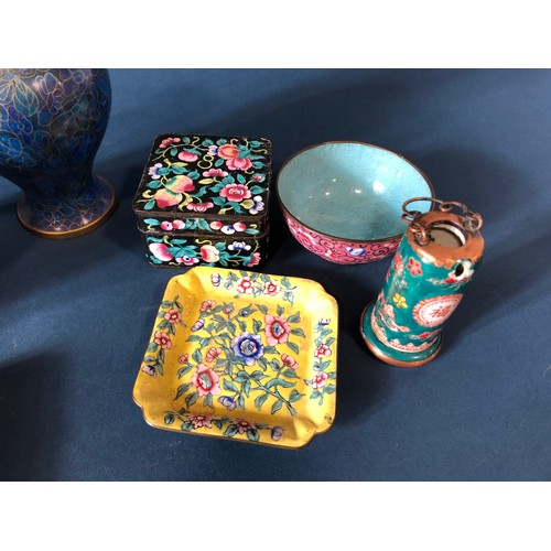 1057 - A collection of Chinese items including four Cantonese porcelain items, four pieces of enamel ware, ... 