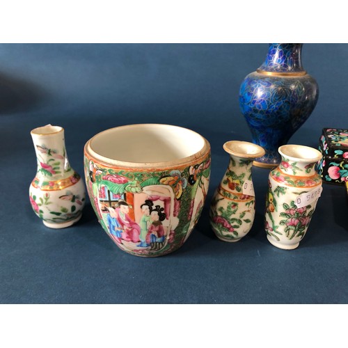 1057 - A collection of Chinese items including four Cantonese porcelain items, four pieces of enamel ware, ... 