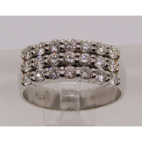 1386 - Platinum triple row diamond ring set with twenty-one 0.05ct diamonds, size M/N, 7g