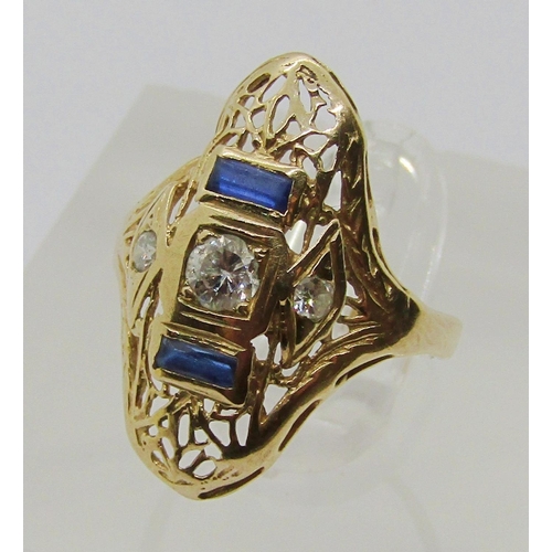 1370 - 14k marquise style ring set with diamonds and sapphires, size F, 1.7g