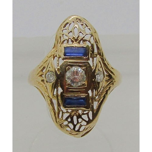 1370 - 14k marquise style ring set with diamonds and sapphires, size F, 1.7g