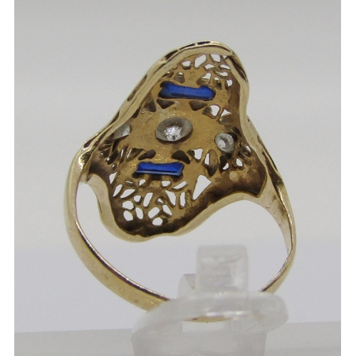 1370 - 14k marquise style ring set with diamonds and sapphires, size F, 1.7g