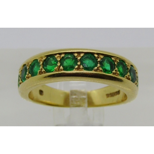 1372 - 18ct emerald half hoop ring, set with ten emeralds 1ct total approx, maker 'DB' London 1991, size O,... 