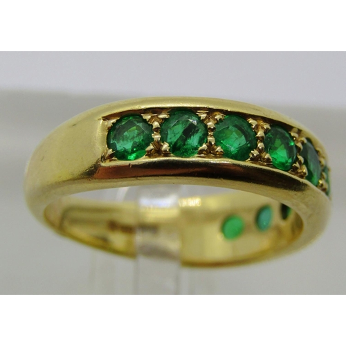 1372 - 18ct emerald half hoop ring, set with ten emeralds 1ct total approx, maker 'DB' London 1991, size O,... 