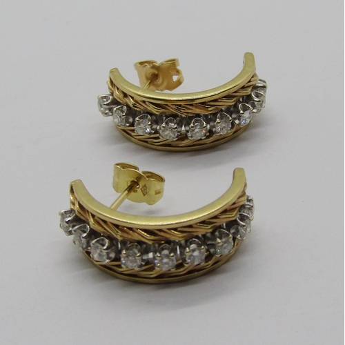 1374 - Pair of yellow metal diamond half hoop earrings, each set with nine 0.05ct diamonds, 9.7g