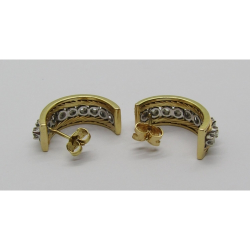 1374 - Pair of yellow metal diamond half hoop earrings, each set with nine 0.05ct diamonds, 9.7g