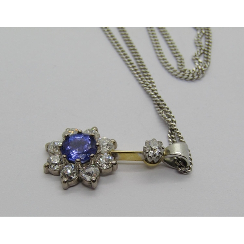 1376 - Tanzanite and diamond cluster pendant in bi-colour metal, bale diamond 0.10ct approx, pendant 2.4cm ... 