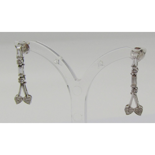 1377 - Pair of stylised 18ct white gold articulated drop earrings set with baguette and round-cut diamonds,... 