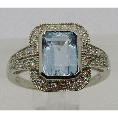 1378 - Art Deco style 950 platinum aquamarine and diamond cluster ring, maker 'JC', size M/N, 6g