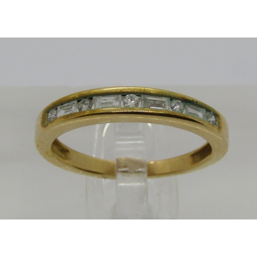 1379 - 18ct half hoop ring channel set with baguette and round-cut diamonds, size J, 2.7g