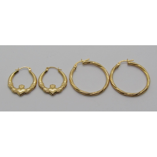 1381 - Two pairs of 9ct hoop earrings; a Claddagh design pair and a twisted pair, 1.9g total