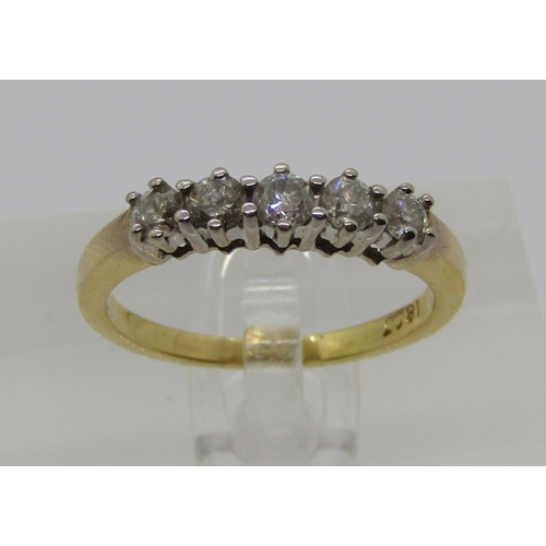 1382 - 18ct five stone diamond ring, each stone 0.10ct approx, size N, 3.6g