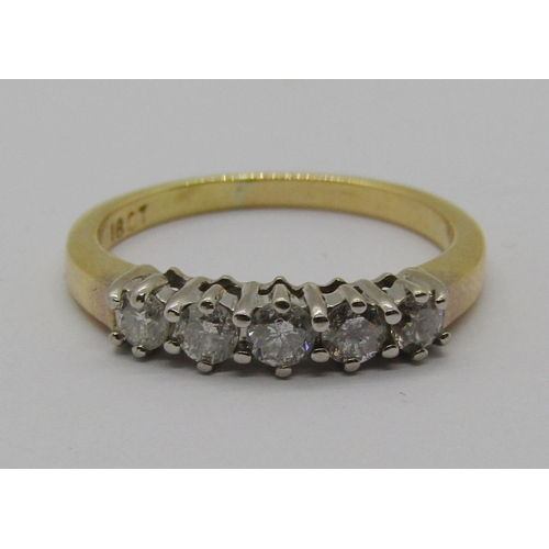 1382 - 18ct five stone diamond ring, each stone 0.10ct approx, size N, 3.6g